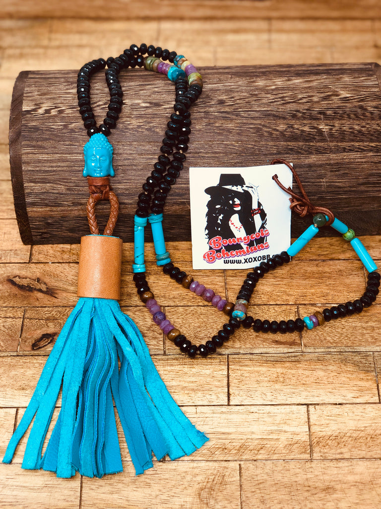 Ruby & Onyx Mala Necklace with Suede Tassel
